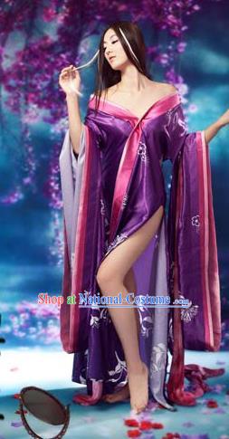 Traditional Ancient Chinese Imperial Consort Sexy Costume, Elegant Hanfu Clothing Chinese Tang Dynasty Imperial Emperess Tailing Purple Clothing for Women