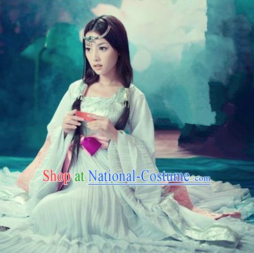 Traditional Ancient Chinese Imperial Consort Sexy Costume, Elegant Hanfu Clothing Chinese Tang Dynasty Imperial Emperess Tailing Blue Clothing for Women