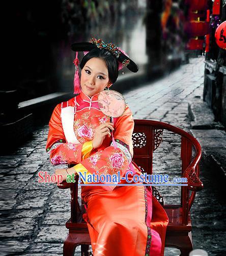 Traditional Ancient Chinese Imperial Consort Costume, Chinese Qing Dynasty Manchu Lady Dress, Chinese Mandarin Robes Imperial Concubine Embroidered Clothing for Women