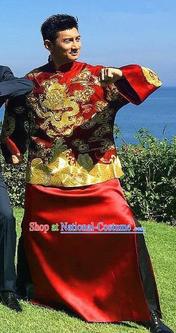 Traditional Ancient Chinese Costume Chinese Style Tang Suit Wedding Red Dress Ancient Long Embroidered Dragon Flown Mandarin Jacket Groom Toast Clothing for Men