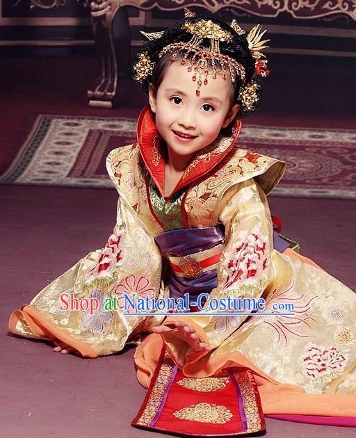 Traditional Ancient Chinese Imperial Empress Children Costume, Children Elegant Hanfu Clothing Chinese Tang Dynasty Imperial Empress Tailing Embroidered Clothing for Kids