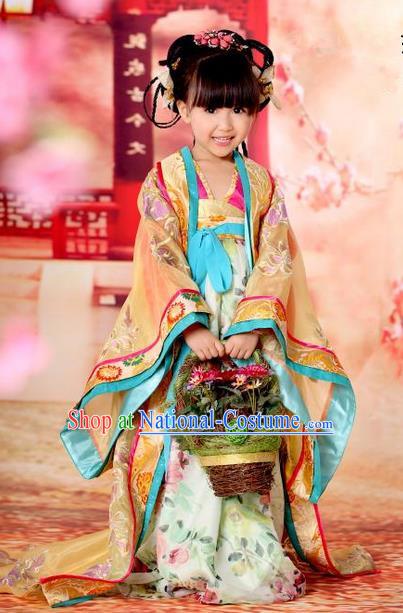 Traditional Ancient Chinese Imperial Empress Children Costume, Children Elegant Hanfu Clothing Chinese Tang Dynasty Imperial Empress Yellow Clothing for Kids