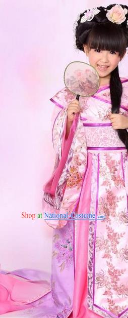 Traditional Ancient Chinese Imperial Consort Children Costume, Children Elegant Hanfu Clothing Chinese Tang Dynasty Imperial Concubine Pink Clothing for Kids