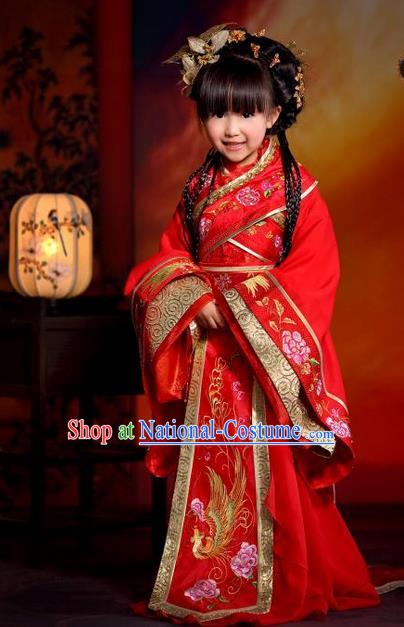 Traditional Ancient Chinese Imperial Consort Children Costume, Children Elegant Hanfu Dress Chinese Tang Dynasty Imperial Concubine Red Clothing for Kids