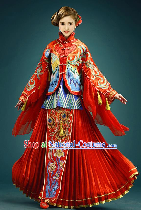 Traditional Ancient Chinese Costume Xiuhe Suits, Chinese Style Wedding Ruffled Cuff Dress, Restoring Ancient Women Red Longfeng Phoenix Flown, Bride Toast Cheongsam for Women