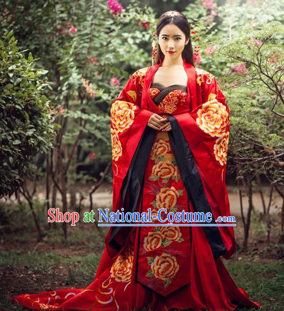 Traditional Ancient Chinese Imperial Consort Wedding Costume, Elegant Hanfu Red Dress, Chinese Tang Dynasty Imperial Emperess Tailing Embroidered Peony Clothing for Women