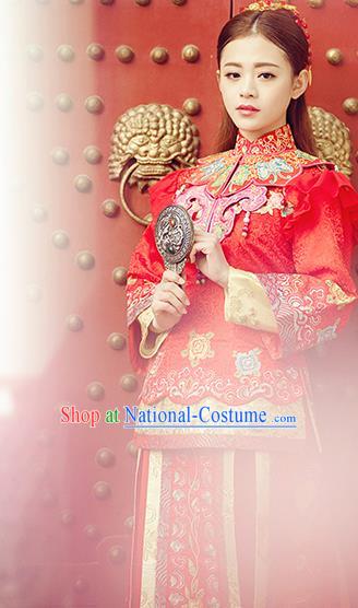 Traditional Ancient Chinese Costume Xiuhe Suits, Chinese Style Wedding Bride Dress, Restoring Ancient Women Red Longfeng Phoenix Flown, Bride Toast Cheongsam for Women