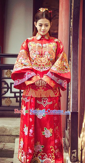 Traditional Ancient Chinese Costume Xiuhe Suits, Chinese Style Wedding Bride Dress, Restoring Ancient Women Red Embroidered Mandarin Duck Flown, Bride Toast Cheongsam for Women