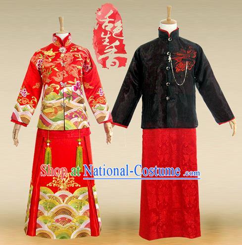 Traditional Ancient Chinese Wedding Costume Complete Set, Chinese Style Wedding Bride and Bridegroom Dress, Restoring Ancient Red Embroidered Dragon and Phoenix Flown, Marriage Toast Cheongsam for Women for Men