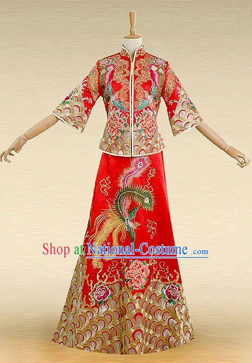 Traditional Ancient Chinese Costume Hot Fix Rhinestone Xiuhe Suits, Chinese Style Wedding Bride Fishtail Full Dress, Restoring Ancient Women Red Embroidered Dragon and Phoenix Slim Flown, Bride Toast Cheongsam for Women