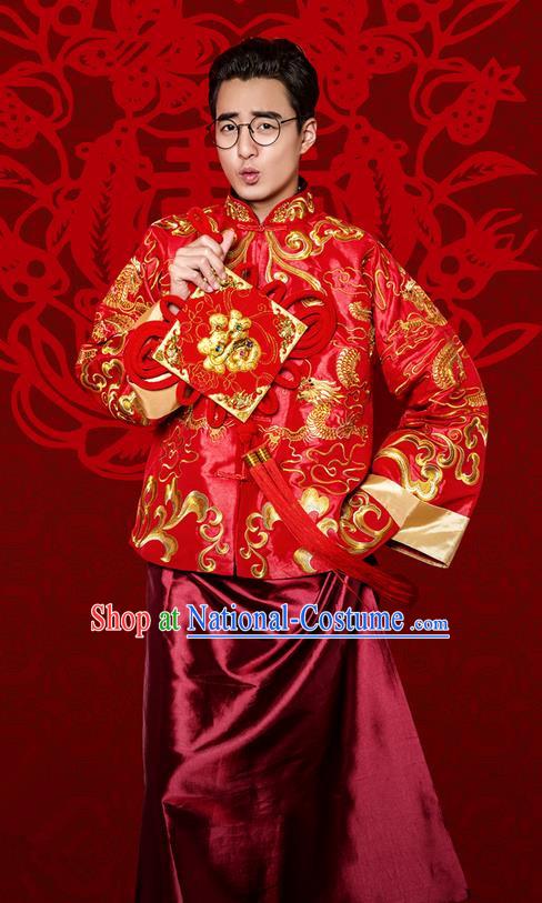 Traditional Ancient Chinese Costume Chinese Style Tang Suit Wedding Red Dress Ancient Long Dragon and Phoenix Flown Mandarin Jacket Groom Toast Clothing for Men