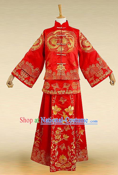 Traditional Ancient Chinese Costume Twin Bliss Xiuhe Suits, Chinese Style Wedding Bride Full Dress, Restoring Ancient Women Red Embroidered Dragon and Phoenix Flown, Bride Toast Cheongsam for Women