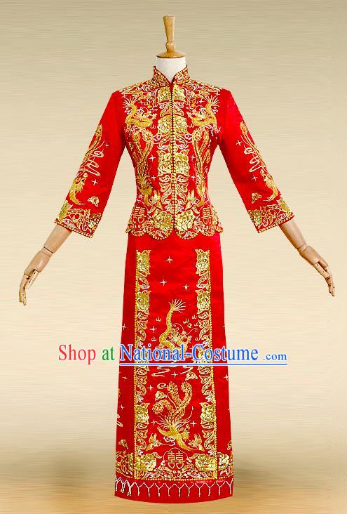 Traditional Ancient Chinese Costume Nail Bead Xiuhe Suits, Chinese Style Wedding Bride Full Dress, Restoring Ancient Women Red Embroidered Dragon and Phoenix Slim Flown, Bride Toast Cheongsam for Women