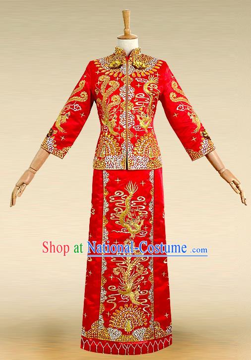 Traditional Ancient Chinese Costume Hot Fix Rhinestone Xiuhe Suits, Chinese Style Wedding Bride Full Dress, Restoring Ancient Women Red Embroidered Dragon and Phoenix Slim Flown, Bride Toast Cheongsam for Women