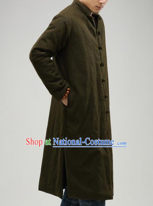 Top Chinese National Tang Suits Flax Frock Costume, Martial Arts Kung Fu Training Uniform Kung fu Unlined Upper Garment Cotton-Padded Coats, Chinese Male Army Green Zen Suit, Taichi Suits Long Robe Wushu Clothing for Men