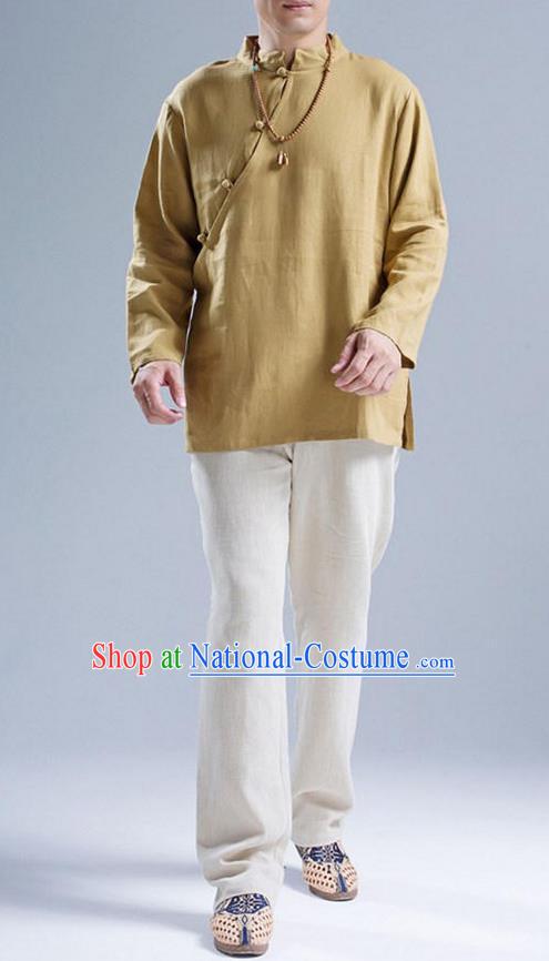 Top Chinese National Tang Suits Flax Frock Costume, Martial Arts Kung Fu Slant Opening Brown Blouse, Kung fu Plate Buttons Unlined Upper Garment, Chinese Taichi Shirts Wushu Clothing for Men