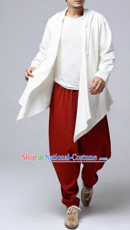 Top Chinese National Tang Suits Flax Frock Costume, Martial Arts Kung Fu White Hooded Cardigan, Kung fu Plate Buttons Unlined Upper Garment, Chinese Taichi Dust Coats Wushu Clothing for Men