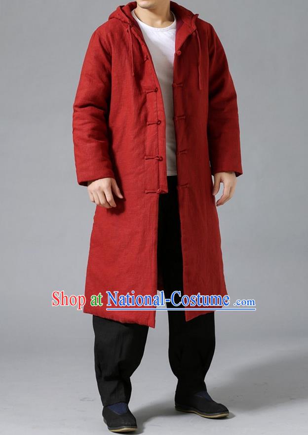 Top Chinese National Tang Suits Flax Frock Costume, Martial Arts Kung Fu Front Opening Rust Red Coats, Kung fu Plate Buttons Unlined Upper Garment Hooded Robes, Chinese Taichi Cotton-Padded Dust Coats Wushu Clothing for Men