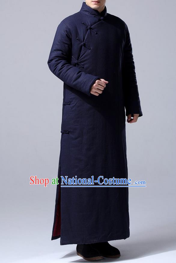 Traditional Top Chinese National Tang Suits Flax Frock Costume, Martial Arts Kung Fu Front Slant Purplish Blue Teacher Coats, Kung fu Plate Buttons Unlined Upper Garment Robes, Chinese Taichi Cotton-Padded Robe Dust Coats Wushu Clothing for Men