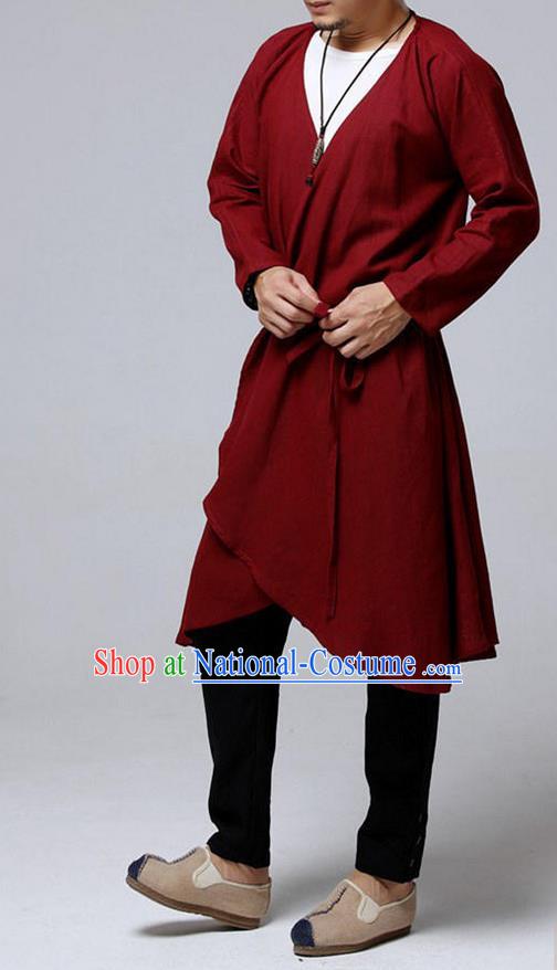 Traditional Top Chinese National Tang Suits Flax Frock Costume, Martial Arts Kung Fu Dark Red Cardigan, Kung fu Unlined Upper Garment, Chinese Taichi Dust Coats Wushu Clothing for Men