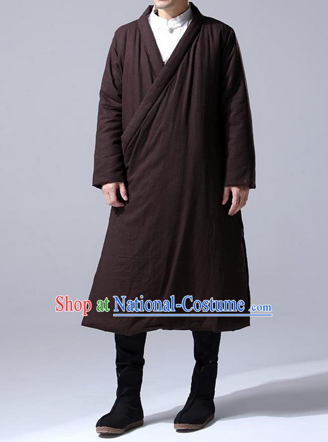 Traditional 	 Top Chinese National Tang Suits Flax Frock Costume, Martial Arts Kung Fu Slant Opening Coffee Hanfu Long Gown, Kung fu Plate Buttons Unlined Upper Garment Coat, Chinese Taichi Cotton-Padded Robes Wushu Clothing for Men