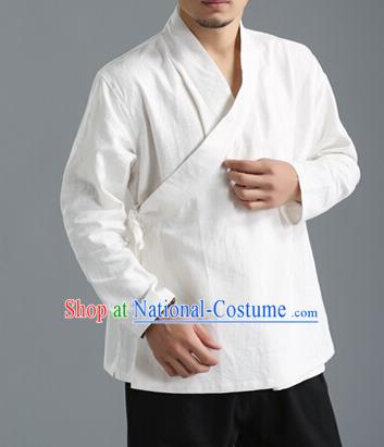 Traditional Top Chinese National Tang Suits Flax Frock Costume, Martial Arts Kung Fu Slant Opening White Coats, Kung fu Unlined Upper Garment Jacket, Chinese Taichi Short Coats Wushu Clothing for Men