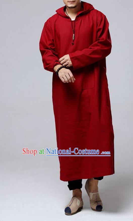 Traditional Top Chinese National Tang Suits Flax Frock Costume, Martial Arts Kung Fu Red Long Zen Suit, Kung fu Unlined Upper Garment Hooded Robes, Chinese Taichi Hooded Gown Coats Wushu Clothing for Men