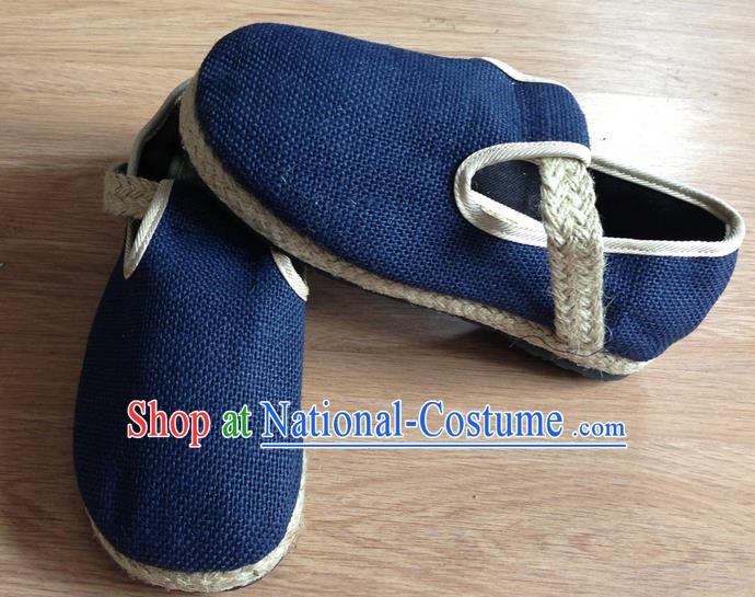 Traditional Top Chinese National Flax Frock Shoes, Martial Arts Kung Fu Straw Plaited Blue Shoes, Kung fu Chinese Taichi Shoes for Men