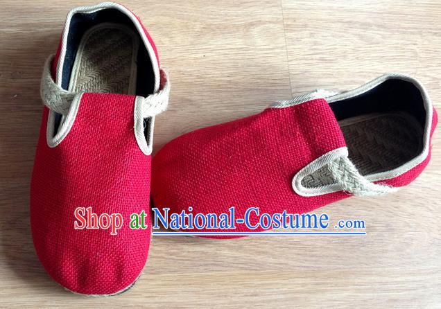 Traditional Top Chinese National Flax Frock Shoes, Martial Arts Kung Fu Straw Plaited Red Shoes, Kung fu Chinese Taichi Shoes for Women