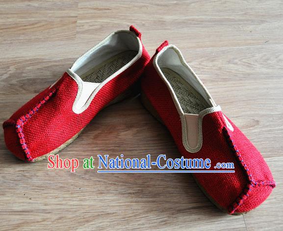 Traditional Top Chinese National Flax Frock Shoes, Martial Arts Kung Fu Rattan Plaited Red Cloth Shoes, Kung fu Chinese Taichi Shoes for Men