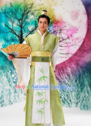 Traditional Ancient Chinese Nobility Childe Costume, Hanfu Dress Chinese Tang Dynasty Imperial Prince Embroidered Bamboo Leaf Clothing for Men