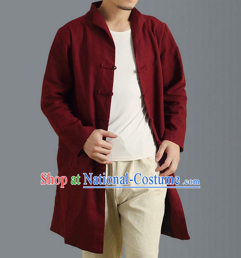 Traditional Top Chinese National Tang Suits Linen Frock Costume, Martial Arts Kung Fu Front Opening Stand Collar Wine Red Coats, Kung fu Plate Buttons Side Slit Robes, Chinese Taichi Dust Coats Wushu Clothing for Men