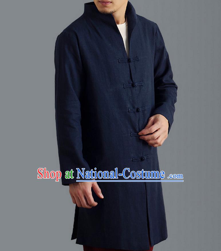 Traditional Top Chinese National Tang Suits Linen Frock Costume, Martial Arts Kung Fu Front Opening Stand Collar Blue Coats, Kung fu Plate Buttons Side Slit Robes, Chinese Taichi Dust Coats Wushu Clothing for Men