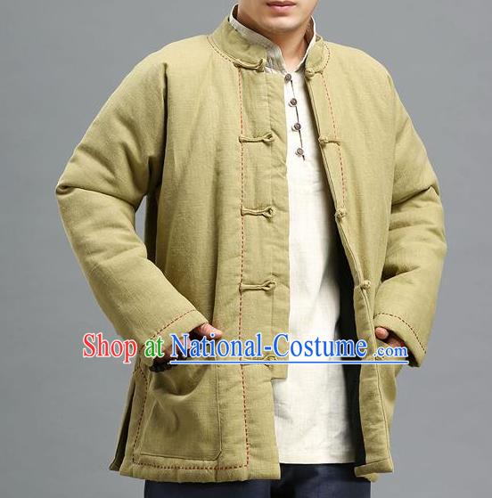 Traditional 	Top Chinese National Tang Suits Linen Costume, Martial Arts Kung Fu Front Opening Embroidery Threads Mixed Olives Coats, Kung fu Plate Buttons Cotton-Padded Jacket, Chinese Taichi Cotton-Padded Short Coats Wushu Clothing for Men