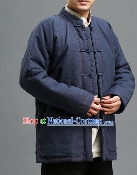 Traditional 	Top Chinese National Tang Suits Linen Costume, Martial Arts Kung Fu Front Opening Embroidery Threads Blue Coats, Kung fu Plate Buttons Cotton-Padded Jacket, Chinese Taichi Cotton-Padded Short Coats Wushu Clothing for Men