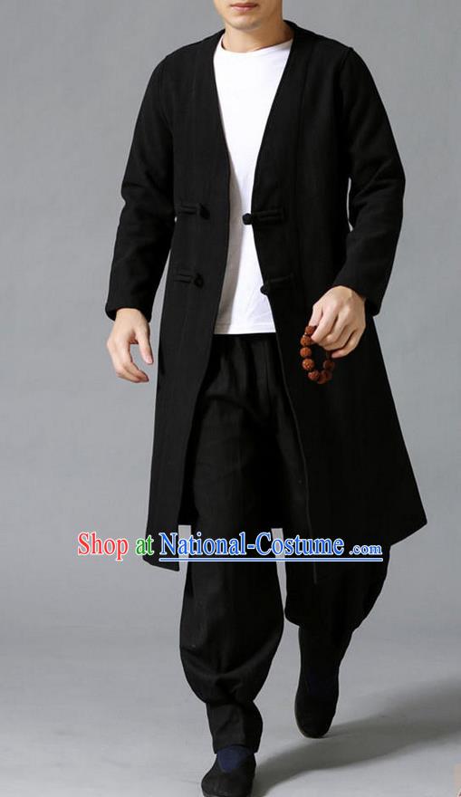 Traditional 	Top Chinese National Tang Suits Linen Costume, Martial Arts Kung Fu Front Opening Black Coats, Kung fu Plate Buttons Jacket, Chinese Taichi Dust Coats Wushu Clothing for Men