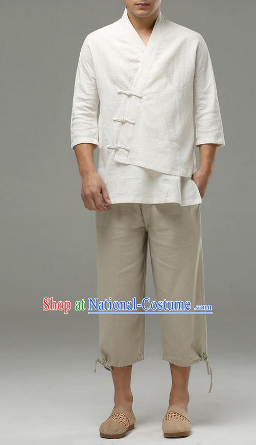 Traditional Top Chinese National Tang Suits Linen Frock Costume, Martial Arts Kung Fu Slant Opening Sleeve White Blouse, Kung fu Plate Buttons Unlined Upper Garment, Chinese Taichi Shirts Wushu Clothing for Men