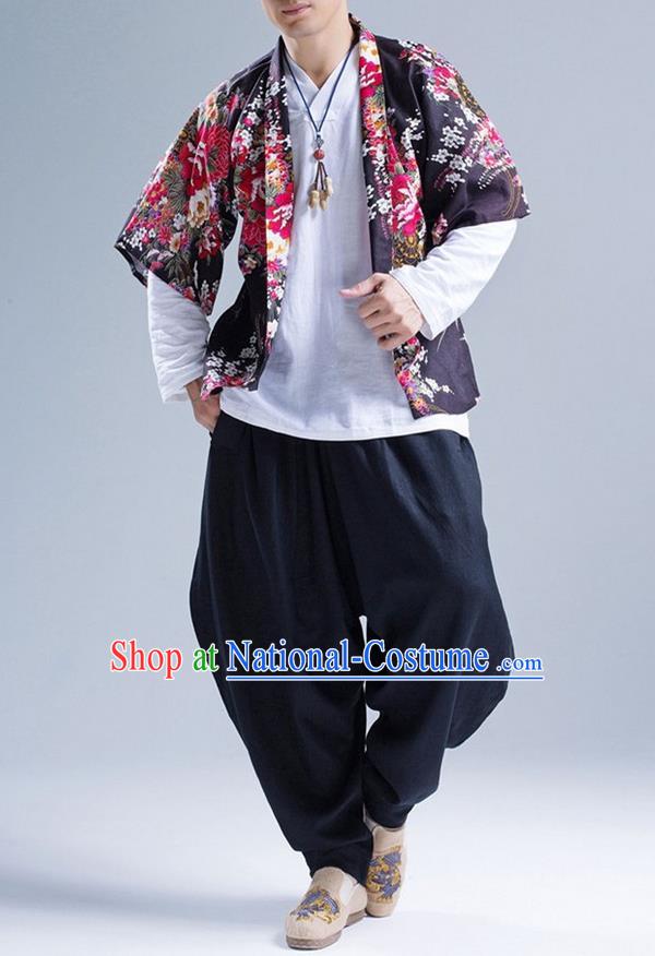 Traditional Top Chinese National Tang Suits Linen Frock Costume, Martial Arts Kung Fu Printing Flowers Cardigan, Kung fu Thin Upper Outer Garment, Chinese Taichi Thin Coats Wushu Clothing for Men