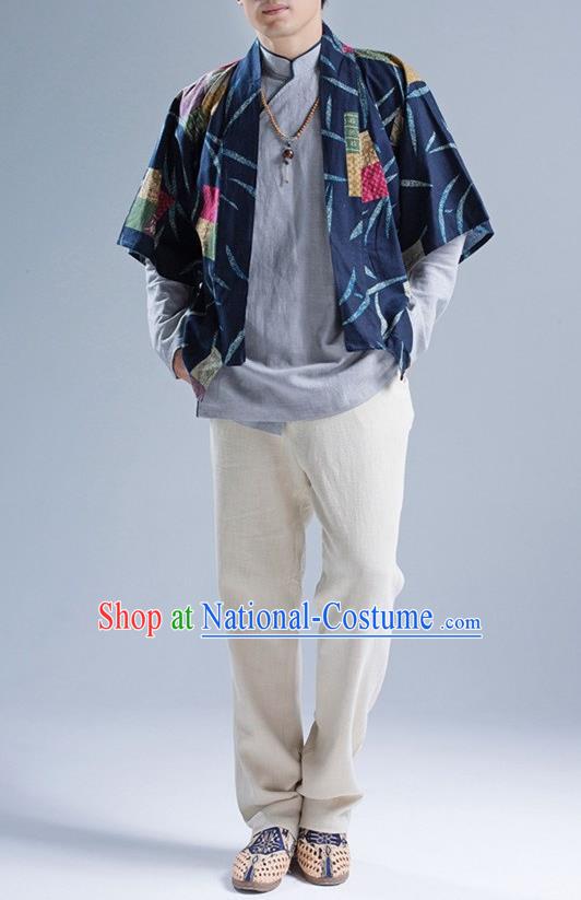 Traditional Top Chinese National Tang Suits Linen Frock Costume, Martial Arts Kung Fu Printing Blue Cardigan, Kung fu Thin Upper Outer Garment, Chinese Taichi Thin Coats Wushu Clothing for Men