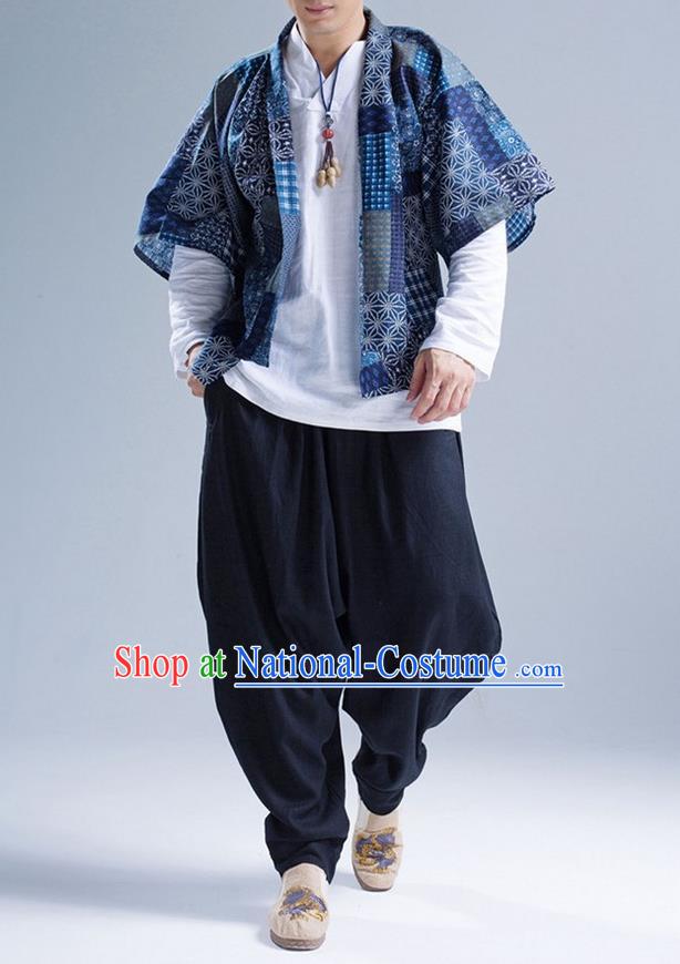 Traditional Top Chinese National Tang Suits Linen Frock Costume, Martial Arts Kung Fu Printing Blue Cardigan, Kung fu Thin Upper Outer Garment, Chinese Taichi Thin Coats Wushu Clothing for Men