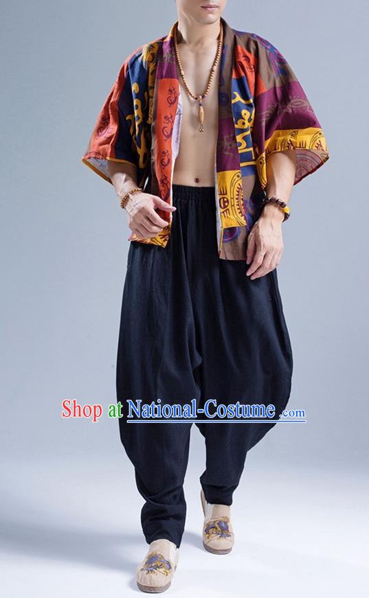 Traditional Top Chinese National Tang Suits Linen Frock Costume, Martial Arts Kung Fu Printing Rock Art Figure Cardigan, Kung fu Thin Upper Outer Garment, Chinese Taichi Thin Coats Wushu Clothing for Men