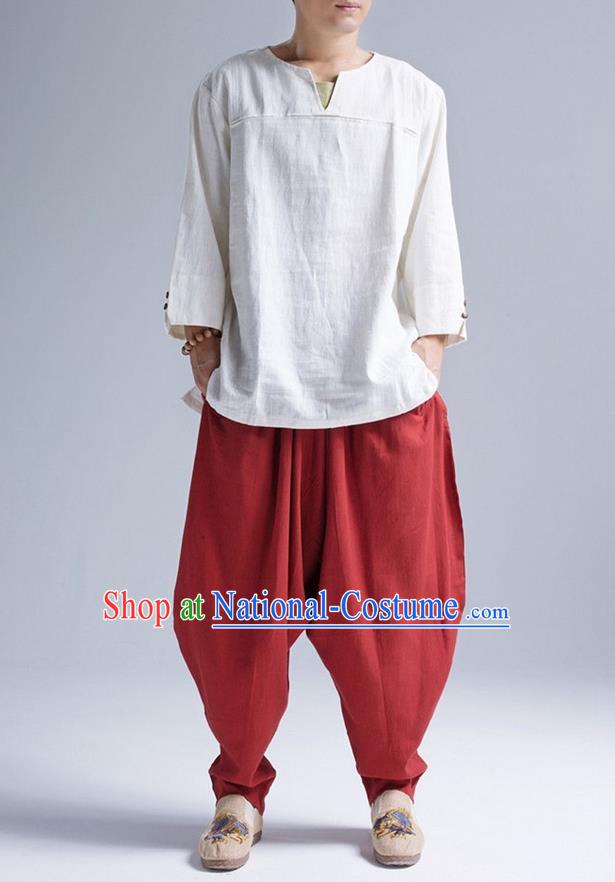 Traditional Top Chinese National Tang Suits Linen Frock Costume, Martial Arts Kung Fu Long Sleeve White T-Shirt, Kung fu Upper Outer Garment, Chinese Taichi Shirts Wushu Clothing for Men