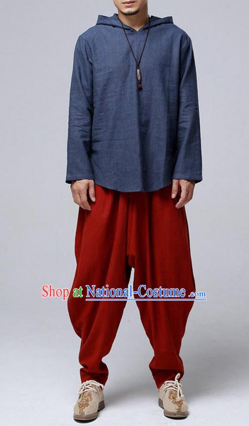 Traditional Top Chinese National Tang Suits Linen Frock Costume, Martial Arts Kung Fu Long Sleeve Grey-Blue Hooded T-Shirt, Kung fu Upper Outer Garment, Chinese Taichi Shirts Wushu Clothing for Men