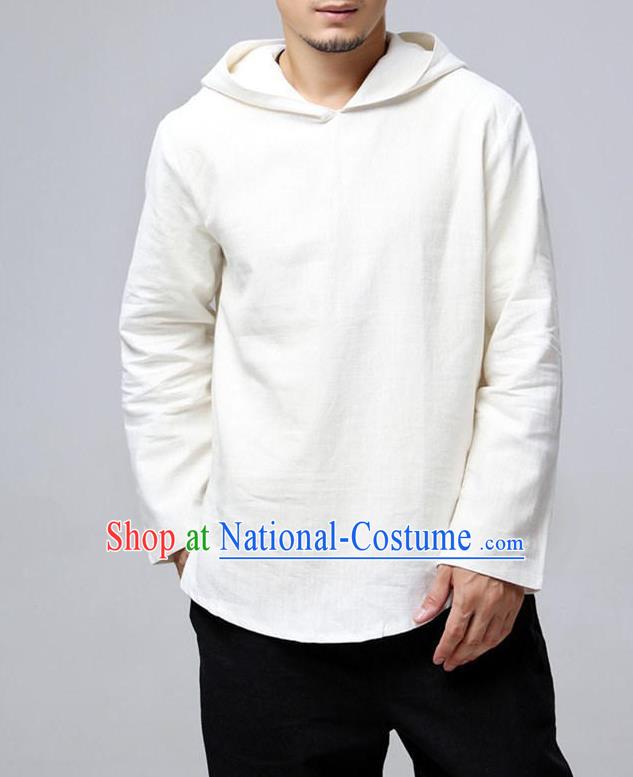 Traditional Top Chinese National Tang Suits Linen Frock Costume, Martial Arts Kung Fu Long Sleeve White Hooded T-Shirt, Kung fu Upper Outer Garment, Chinese Taichi Shirts Wushu Clothing for Men