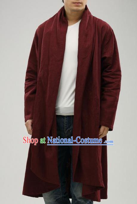 Traditional Top Chinese National Tang Suits Linen Frock Costume, Martial Arts Kung Fu Purplish Red Cardigan, Kung fu Upper Outer Garment Cloak, Chinese Taichi Dust Coats Wushu Clothing for Men