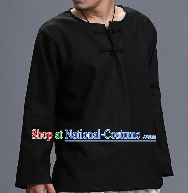 Traditional Top Chinese National Tang Suits Linen Frock Costume, Martial Arts Kung Fu Long Sleeve Black T-Shirt, Kung fu Plate Buttons Upper Outer Garment, Chinese Taichi Shirts Wushu Clothing for Men