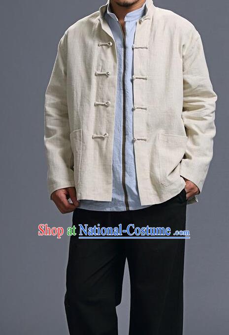 Traditional Top Chinese National Tang Suits Linen Costume, Martial Arts Kung Fu Front Opening Beige Coats, Kung fu Plate Buttons Jacket, Chinese Taichi Short Coats Wushu Clothing for Men