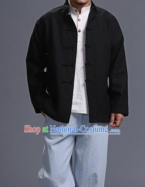 Traditional Top Chinese National Tang Suits Linen Costume, Martial Arts Kung Fu Front Opening Black Coats, Kung fu Plate Buttons Jacket, Chinese Taichi Short Coats Wushu Clothing for Men