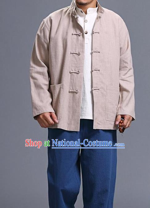 Traditional Top Chinese National Tang Suits Linen Costume, Martial Arts Kung Fu Front Opening Griege Coats, Kung fu Plate Buttons Jacket, Chinese Taichi Short Coats Wushu Clothing for Men