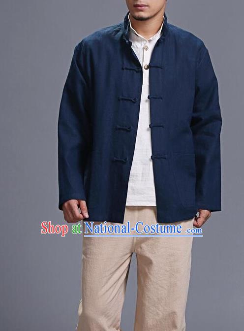 Traditional Top Chinese National Tang Suits Linen Costume, Martial Arts Kung Fu Front Opening Navy Coats, Kung fu Plate Buttons Jacket, Chinese Taichi Short Coats Wushu Clothing for Men